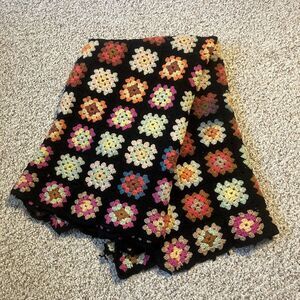 Vintage Granny Square Blanket 55" x 44" Colorful Roseanne Bed Throw Black Afghan